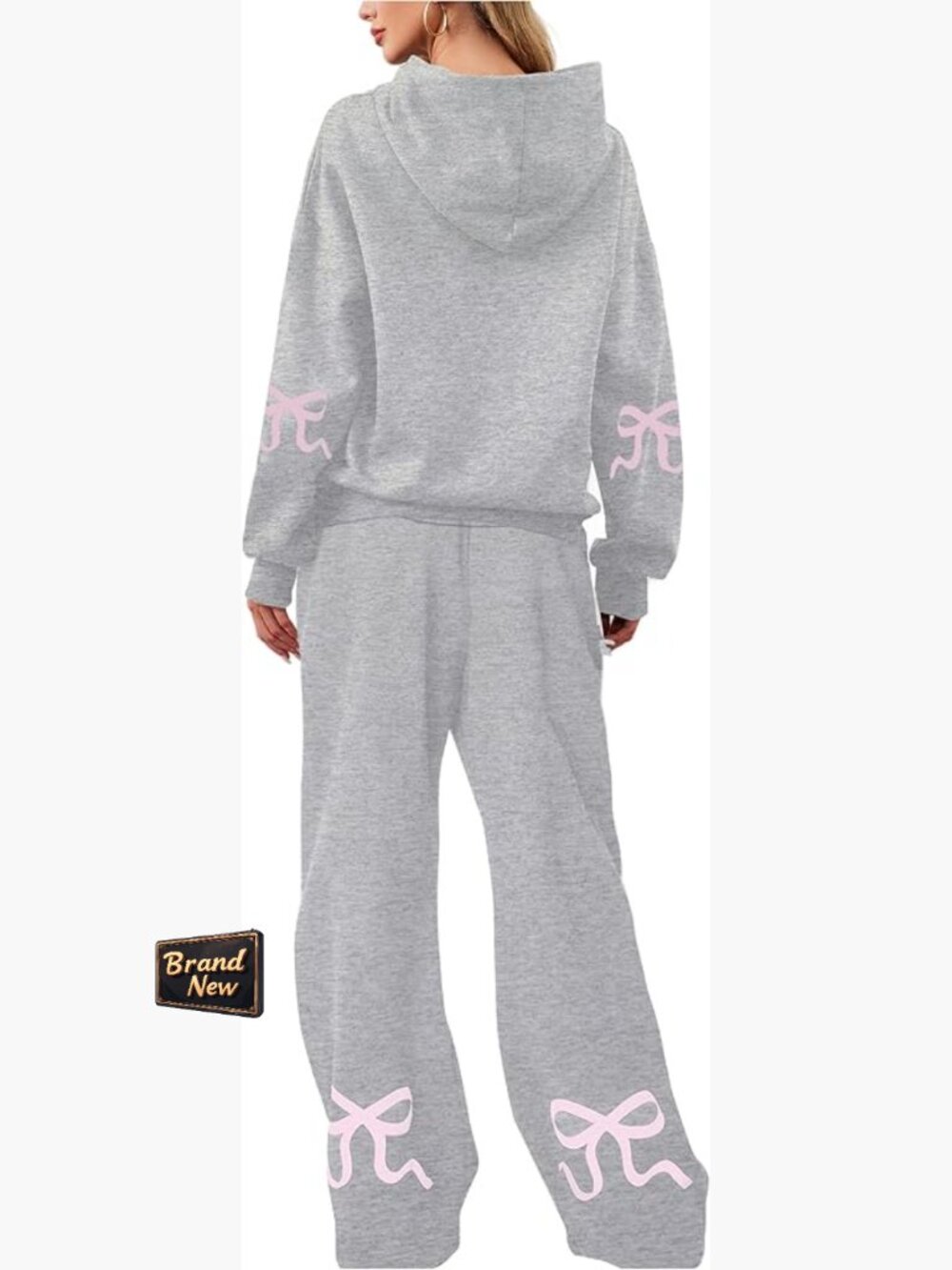 Women's Bow Print Hoodie Sweatsuit Set Oversized Wide Leg Sweatpants Pockets